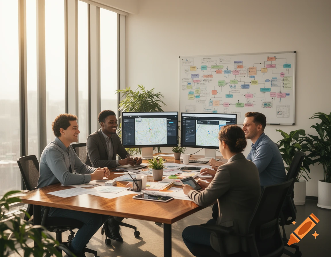 Four diverse professionals, two men and two women, collaborate around a large wooden table in a sunny modern office, looking at computer screens and a whiteboard.