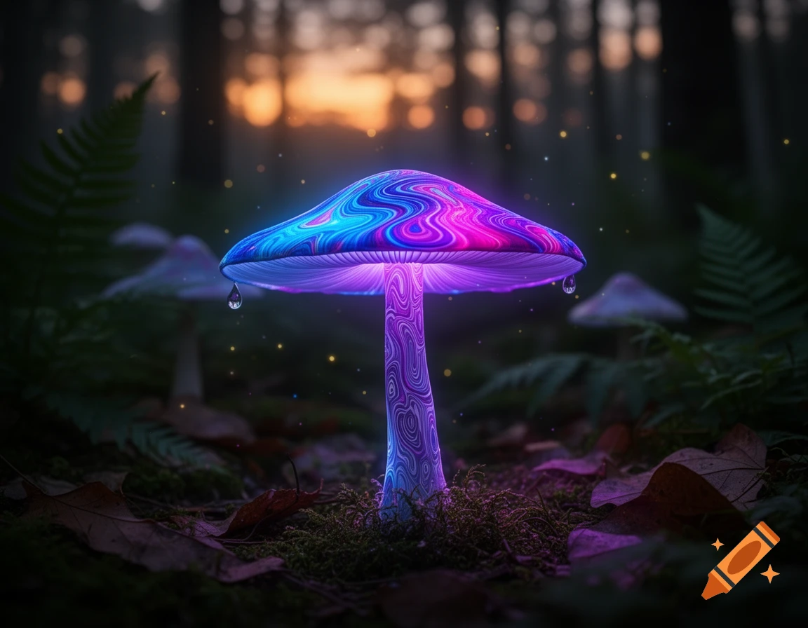 A glowing, psychedelic mushroom with swirling blue and purple patterns stands in a dark forest with sparkling lights.