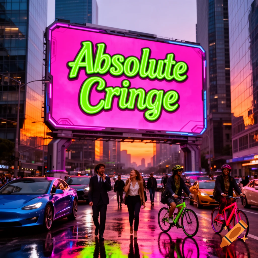 A vibrant urban street scene at dusk with a large neon billboard displaying 'Absolute Cringe' above people walking and cycling on a wet street.