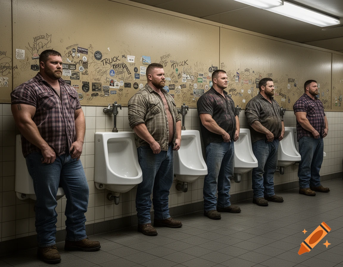 Photorealistic image of a row of five rugged truckers standing by urinals in a graffiti-covered truck stop restroom.