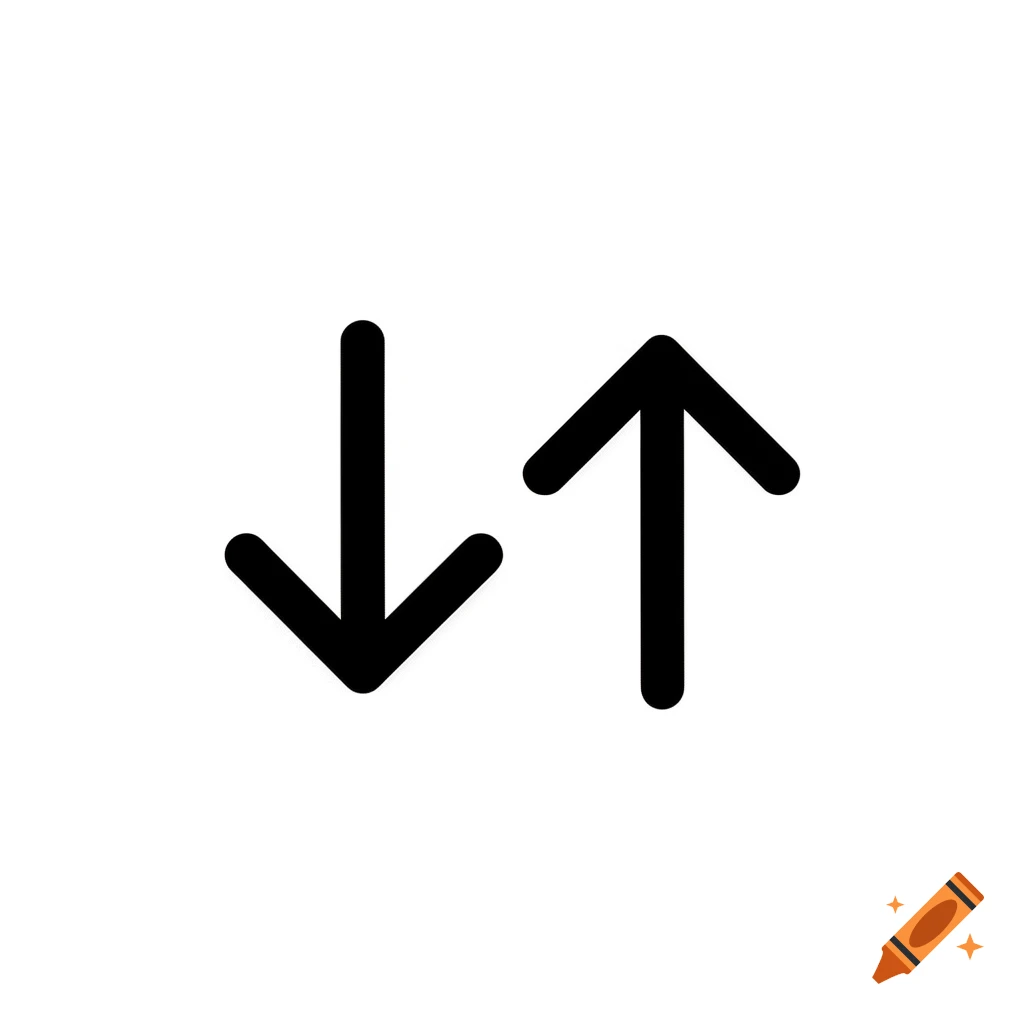 A black downward pointing arrow icon next to a black upward pointing arrow icon, both with rounded ends, on a white background.