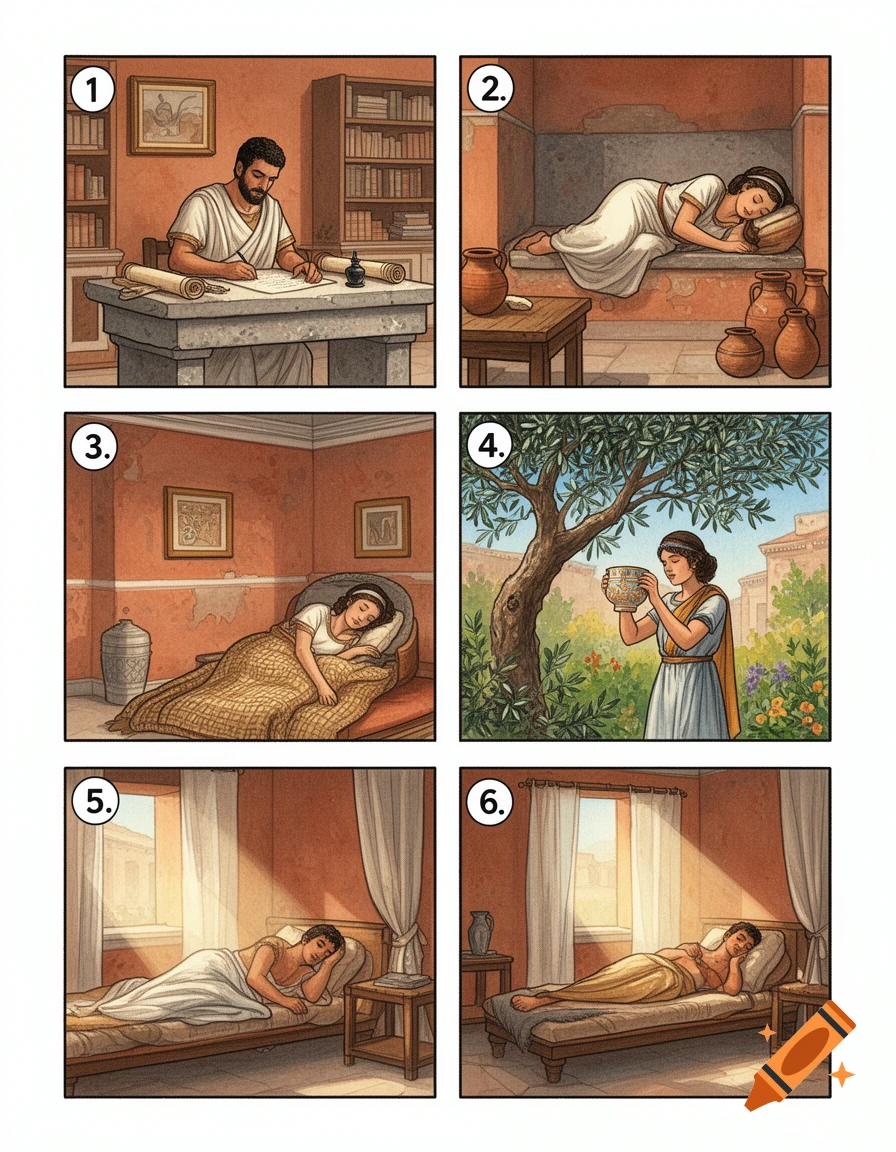 A six-panel comic-style illustration showing daily life in a Roman household, depicting people writing, sleeping, and drinking. The artwork has a hand-painted, watercolor, and gouache texture with crisp ink outlines.