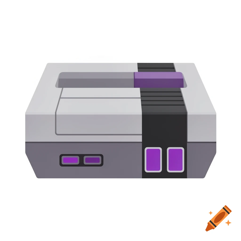 Flat front view vector art icon of a Super Nintendo Entertainment System console in grey, dark grey, and purple.