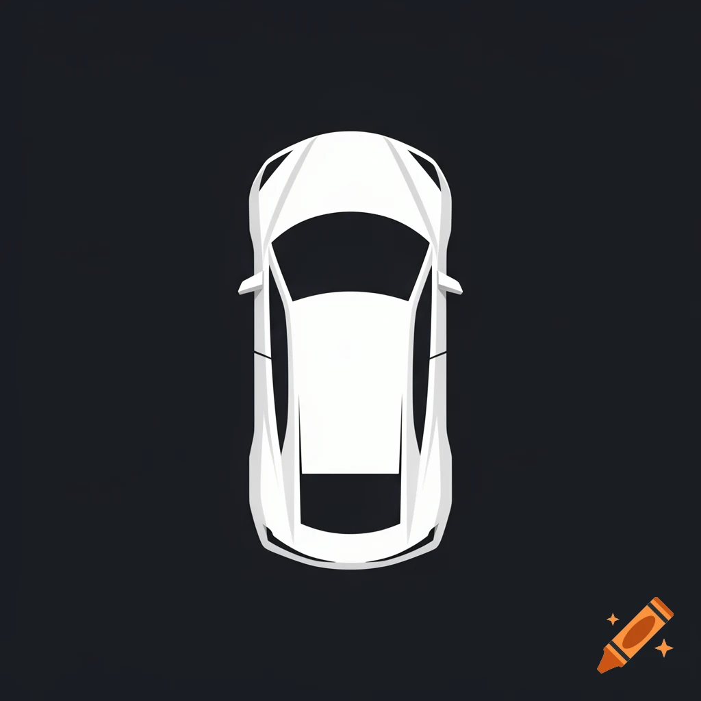 A white car seen from directly above, rendered in a minimalist, icon-like style on a dark background.