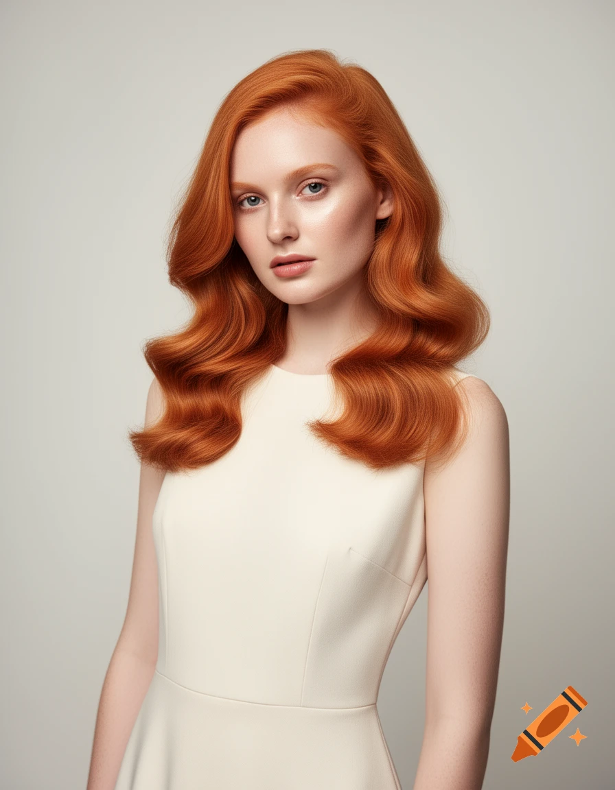 Studio portrait of a fair-skinned woman with long, wavy red hair and blue eyes, wearing a simple cream sleeveless dress.