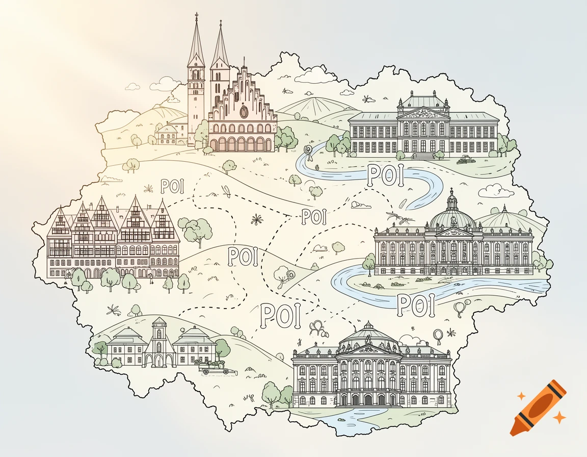 A stylized outline map of a region, resembling a coloring page, with various buildings, rivers, roads, and 'POI' labels.