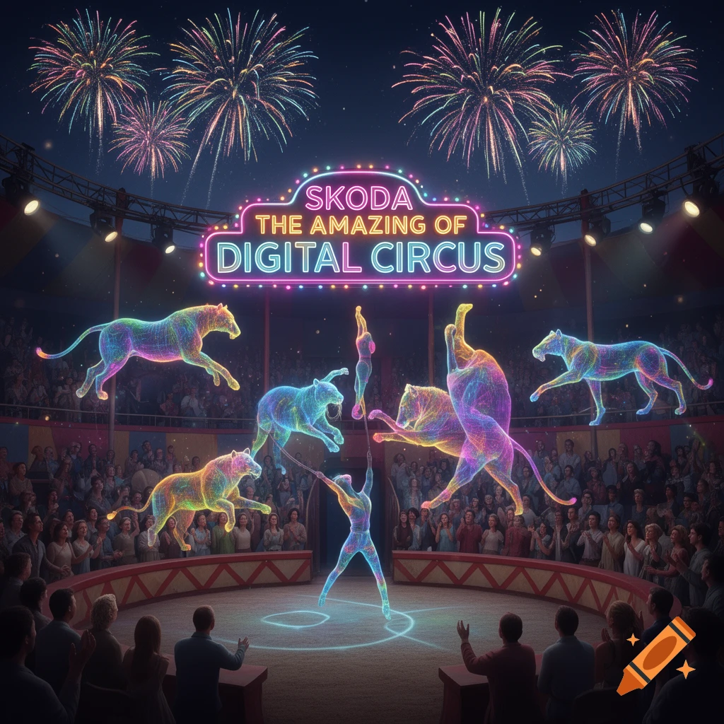 A vibrant digital circus show at night with holographic animals and performers, a neon sign, and colorful fireworks.