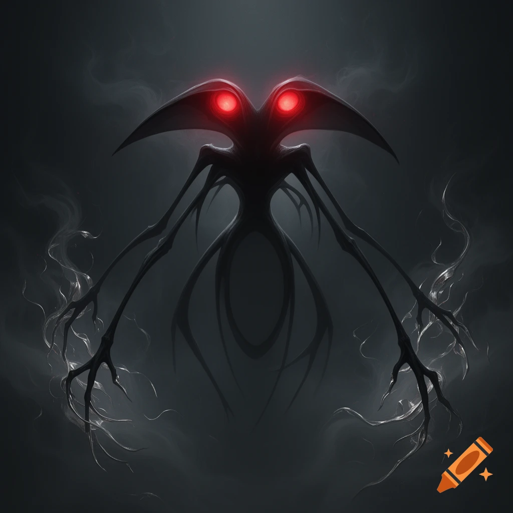 A dark, slender creature with glowing red eyes and multiple spidery limbs emerging from mist.