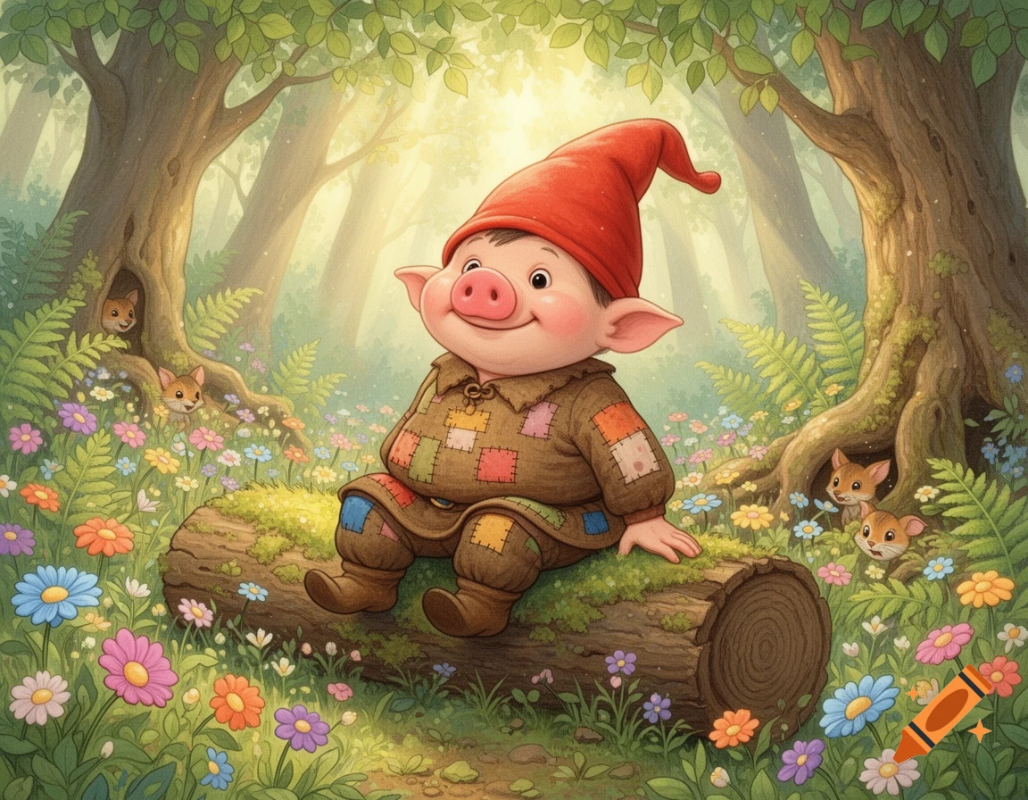 A cute pig-faced gnome in a red hat and patchwork clothes sits on a log in a magical, sunlit forest with flowers and mice, in children's book illustration style.