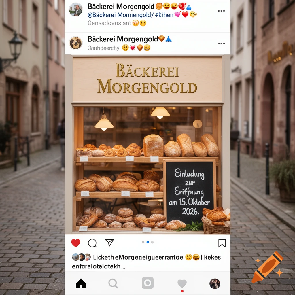 A photorealistic image of a bakery storefront named "Bäckerei Morgengold" filled with bread, presented as an Instagram post with garbled comments.
