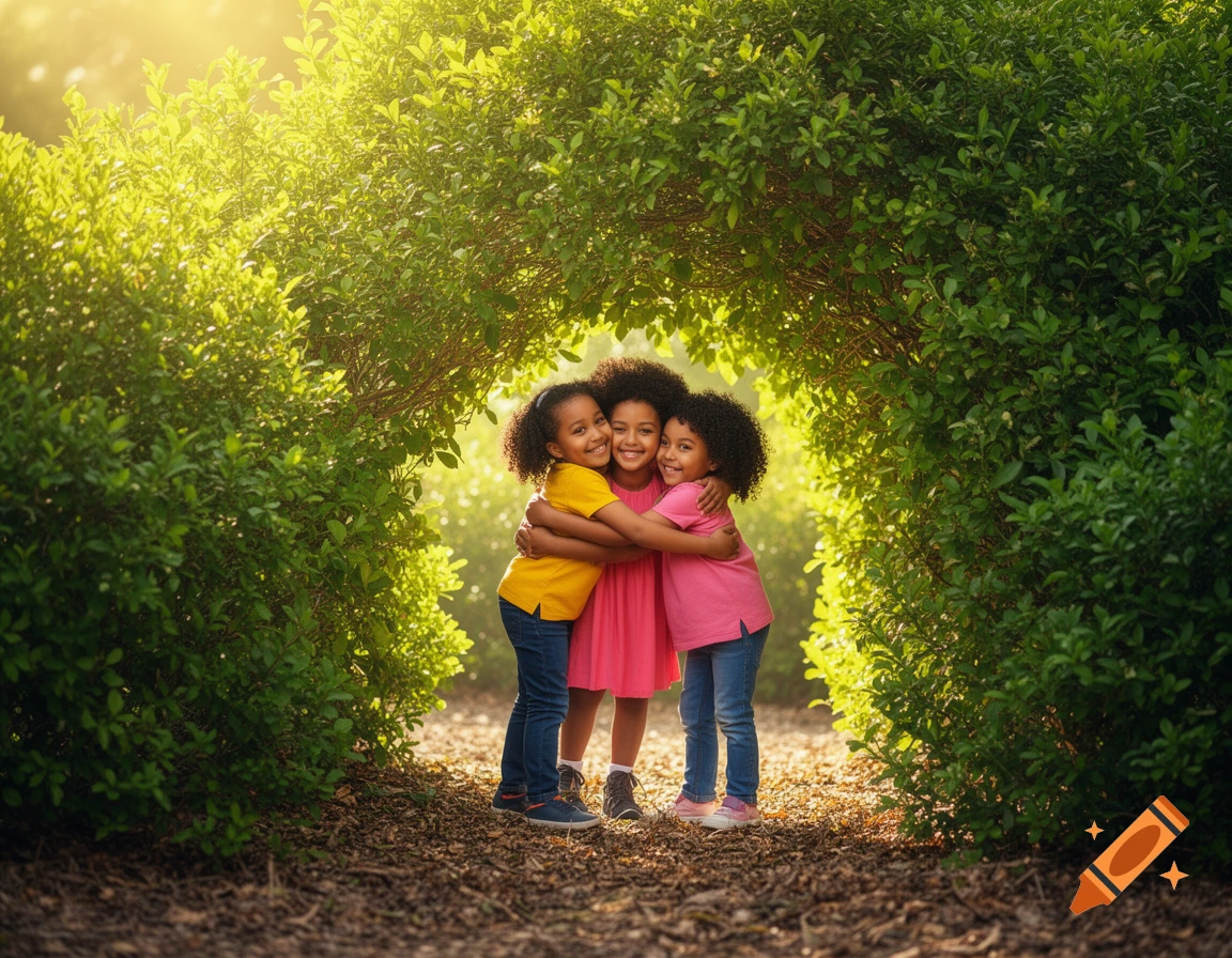 Three happy children hugging under an arch of sunlit green bushes.