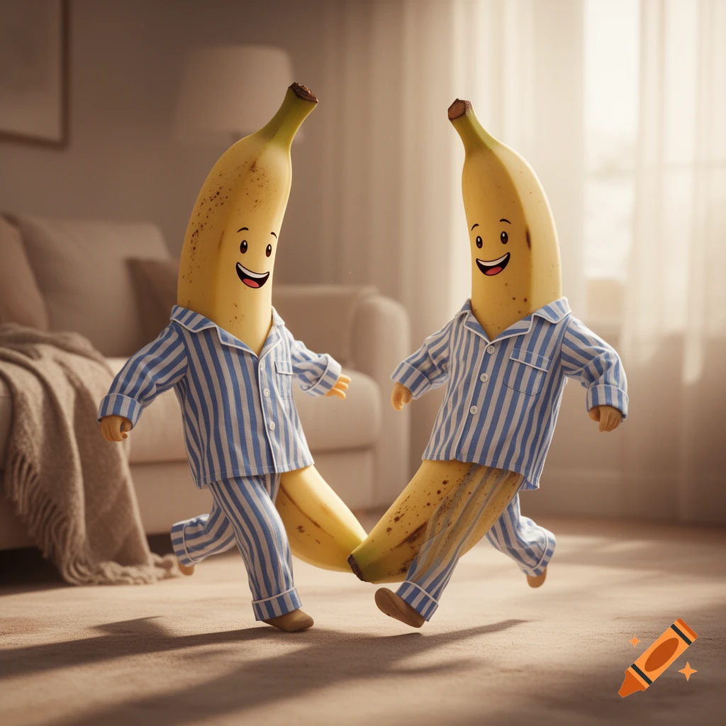 Two anthropomorphic bananas with happy faces, wearing blue and white striped pajamas, appear to be dancing in a sunlit living room.