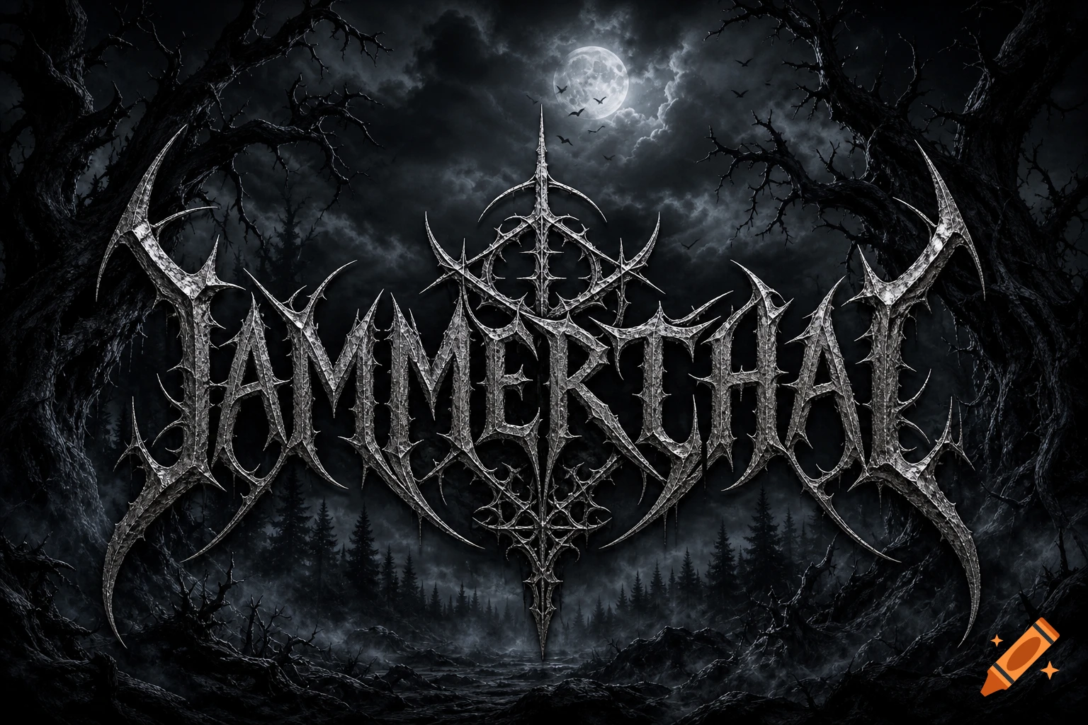 A black metal logo for "JAMMERTHAL" in a gothic forest setting with bare trees, a full moon, and dark clouds.