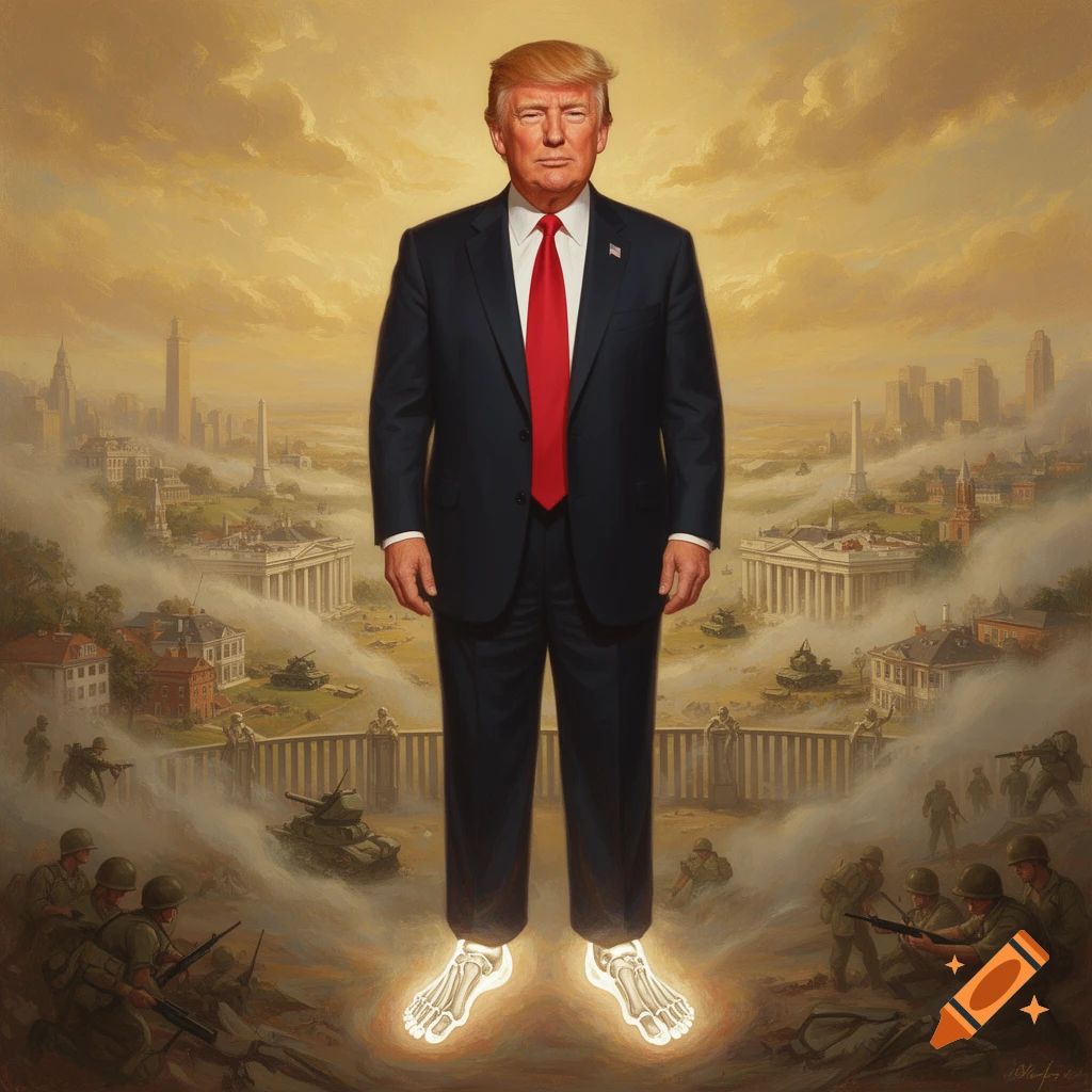 Painting of Donald Trump with glowing skeletal feet, standing over a foggy city and military scene under a dramatic sky.