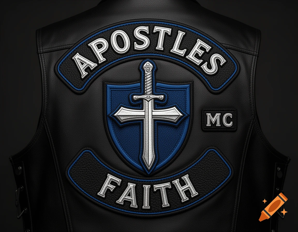 A black leather motorcycle vest with a blue and silver patch featuring a shield, cross, sword, and the words 'APOSTLES', 'FAITH', and 'MC'.