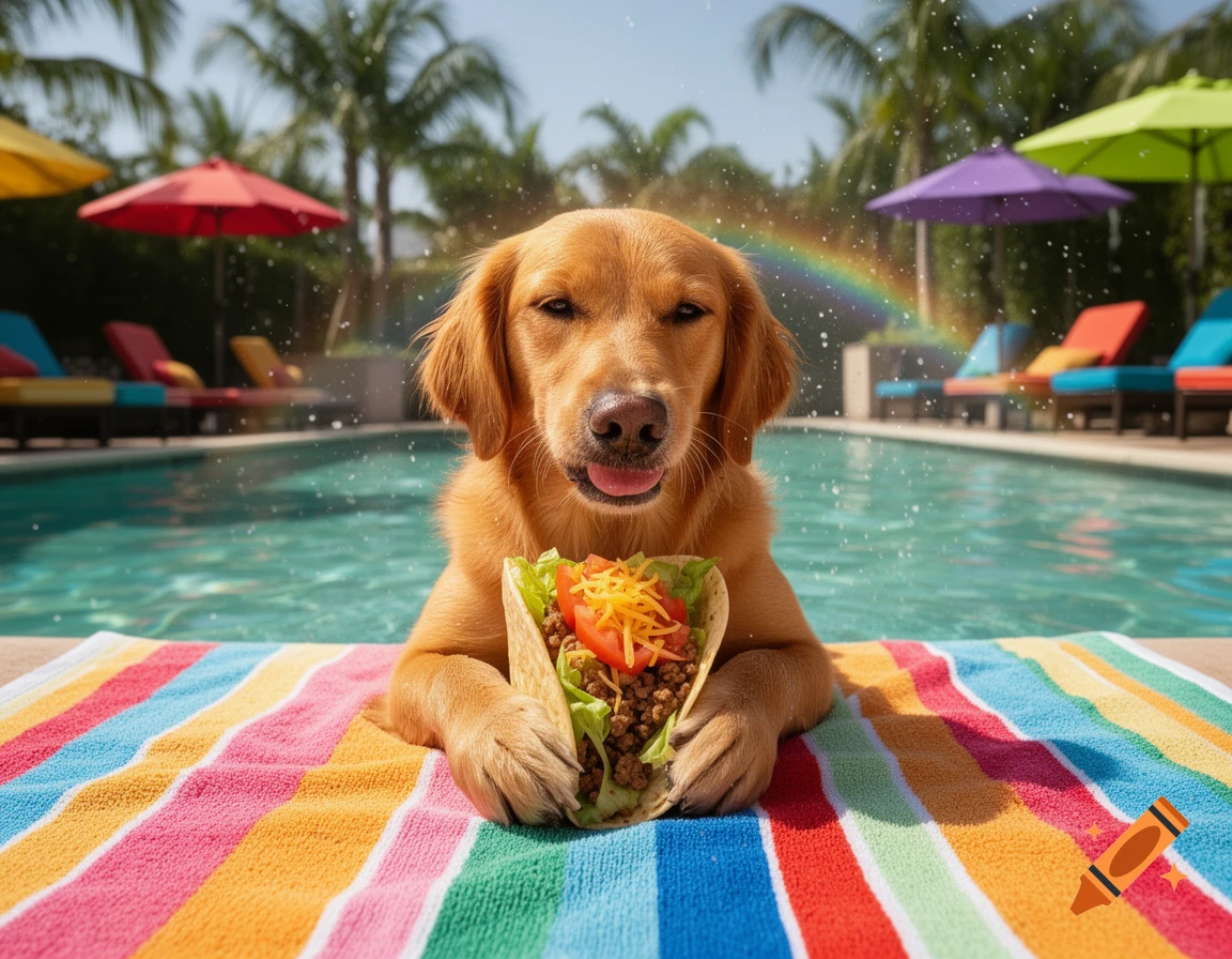 A photorealistic golden retriever holds a taco while relaxing by a colorful swimming pool with a rainbow in the background.