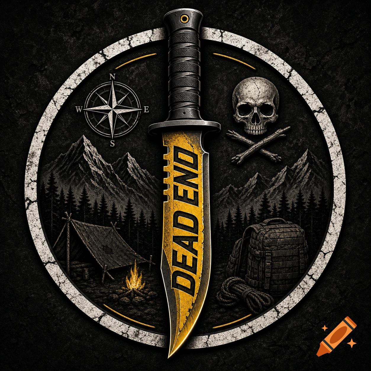 Stylized logo with a Bowie knife featuring 'DEAD END' on its blade, set within a ring containing mountains, a tent, campfire, backpack, compass, and skull.