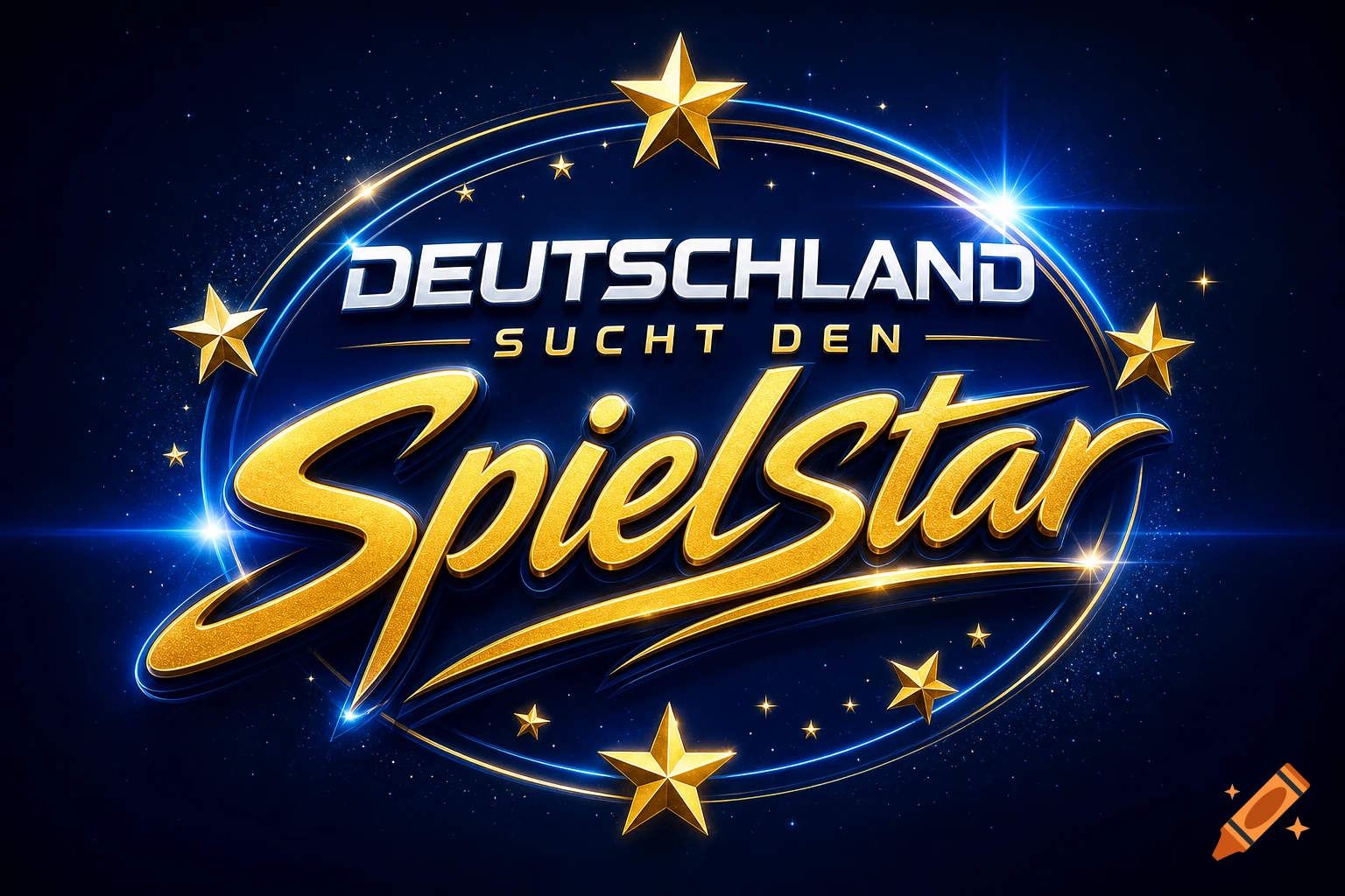 A stylized logo for 'Deutschland sucht den Spielstar' with metallic silver and gold letters, golden stars, and bright light flares on a dark, starry background.