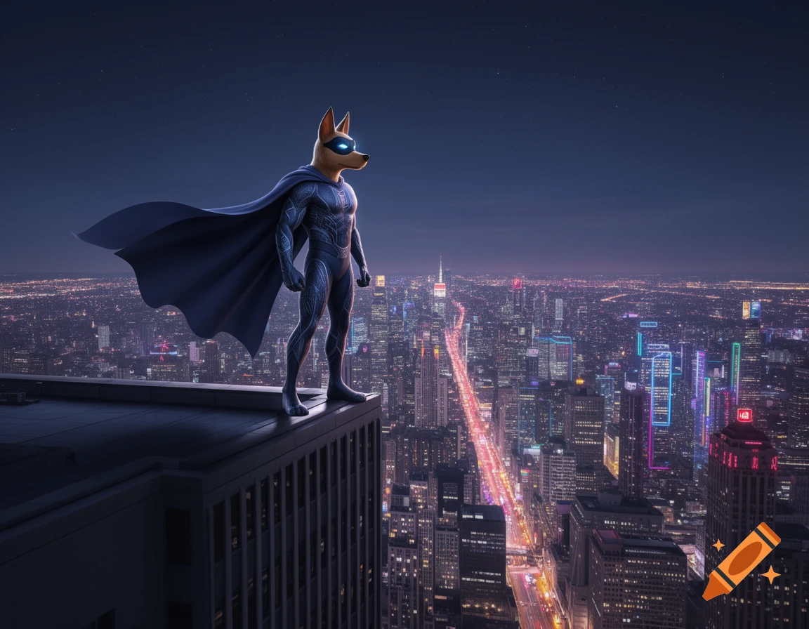 An anthropomorphic dog superhero in a dark suit and flowing cape stands atop a skyscraper, overlooking a vibrant city at night.