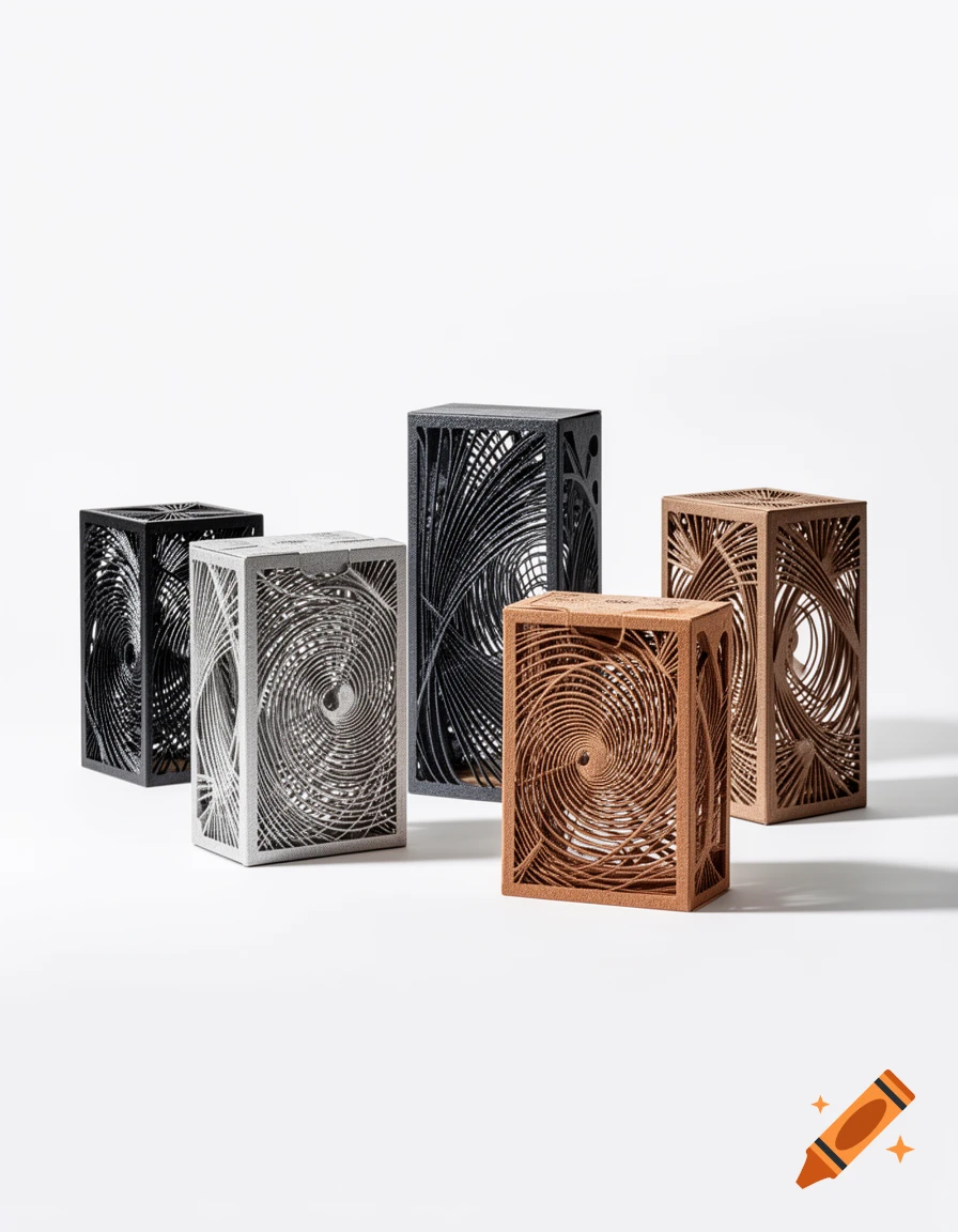 Five laser-cut decorative boxes in black, grey, and brown with intricate swirling patterns, arranged on a white background.