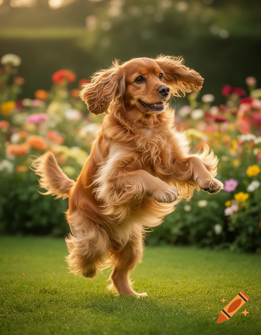 A photorealistic brown Cocker Spaniel dog dances on its hind legs in a sunny garden with colorful flowers.