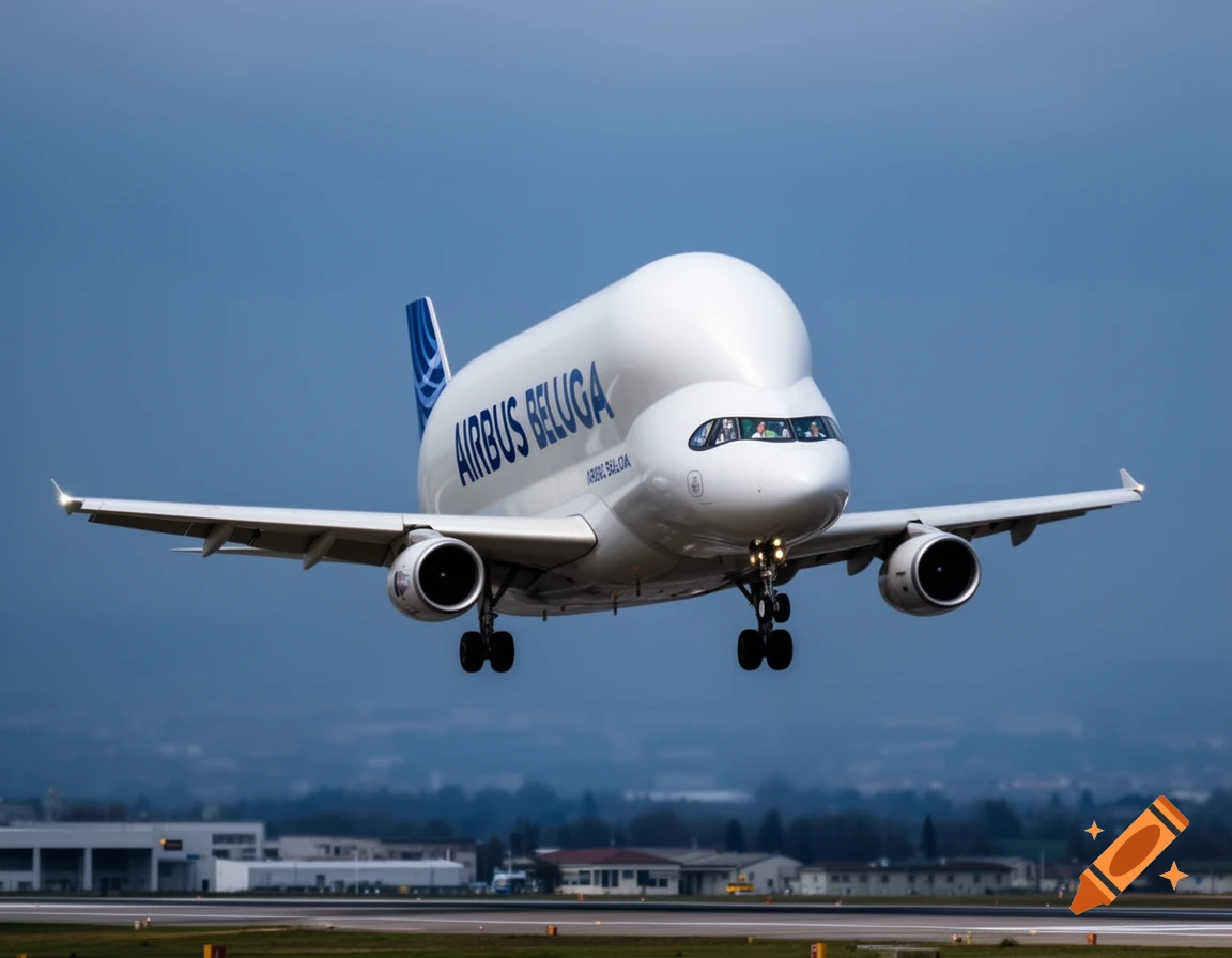 A white Airbus Beluga XL cargo plane lands on a runway under a cloudy sky in a photorealistic style.