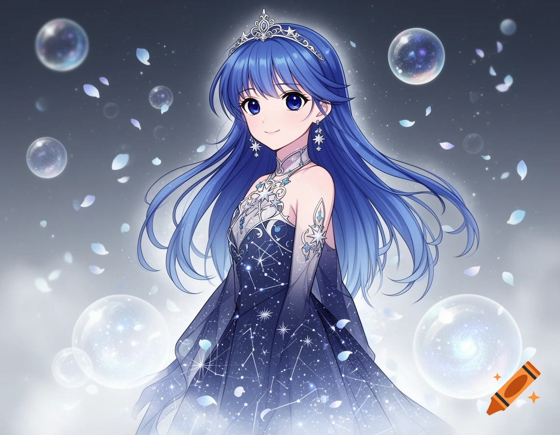 An anime girl with long blue hair and a crown, wearing a starry blue dress, stands amidst sparkling bubbles and floating petals.