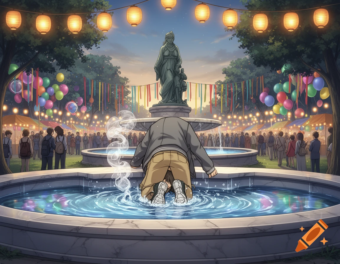 An anime-style illustration of a student with his head submerged in a boiling fountain, steam rising, at a park festival with lanterns and balloons.