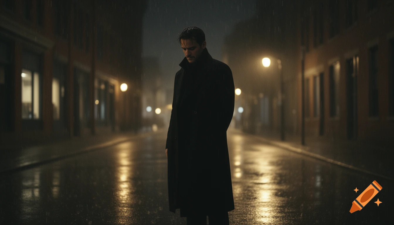 A man in a black coat stands alone on a wet, rainy urban street at night, lit by glowing streetlights. Cinematic.