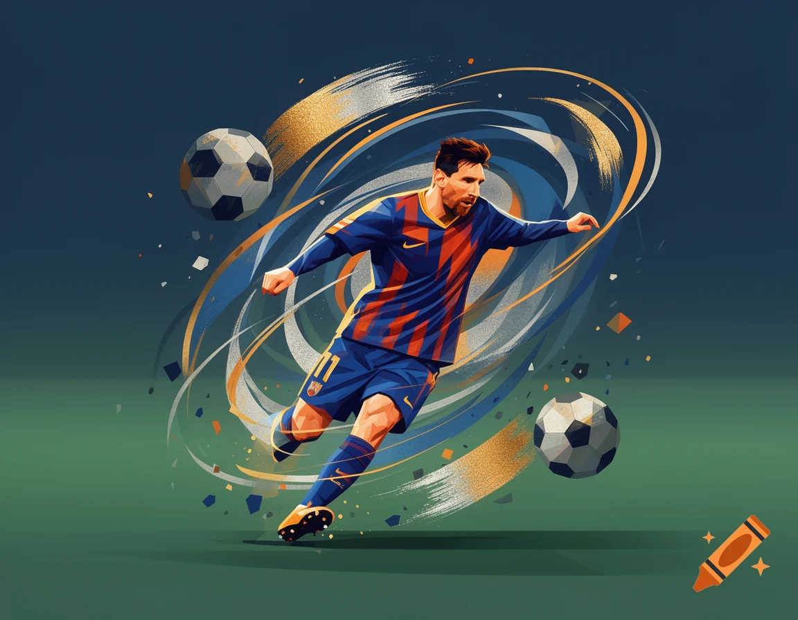 Abstract illustration of soccer player Lionel Messi in a striped blue and red uniform, kicking a ball amidst dynamic gold and blue swirls.