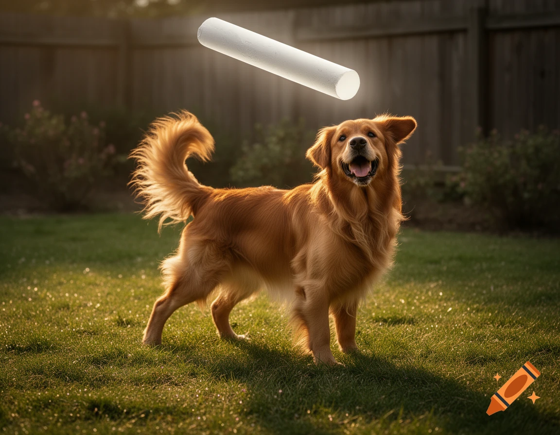 A happy Golden Retriever dog stands in a sunlit grassy backyard, looking up at a large, glowing white cylinder floating above it.
