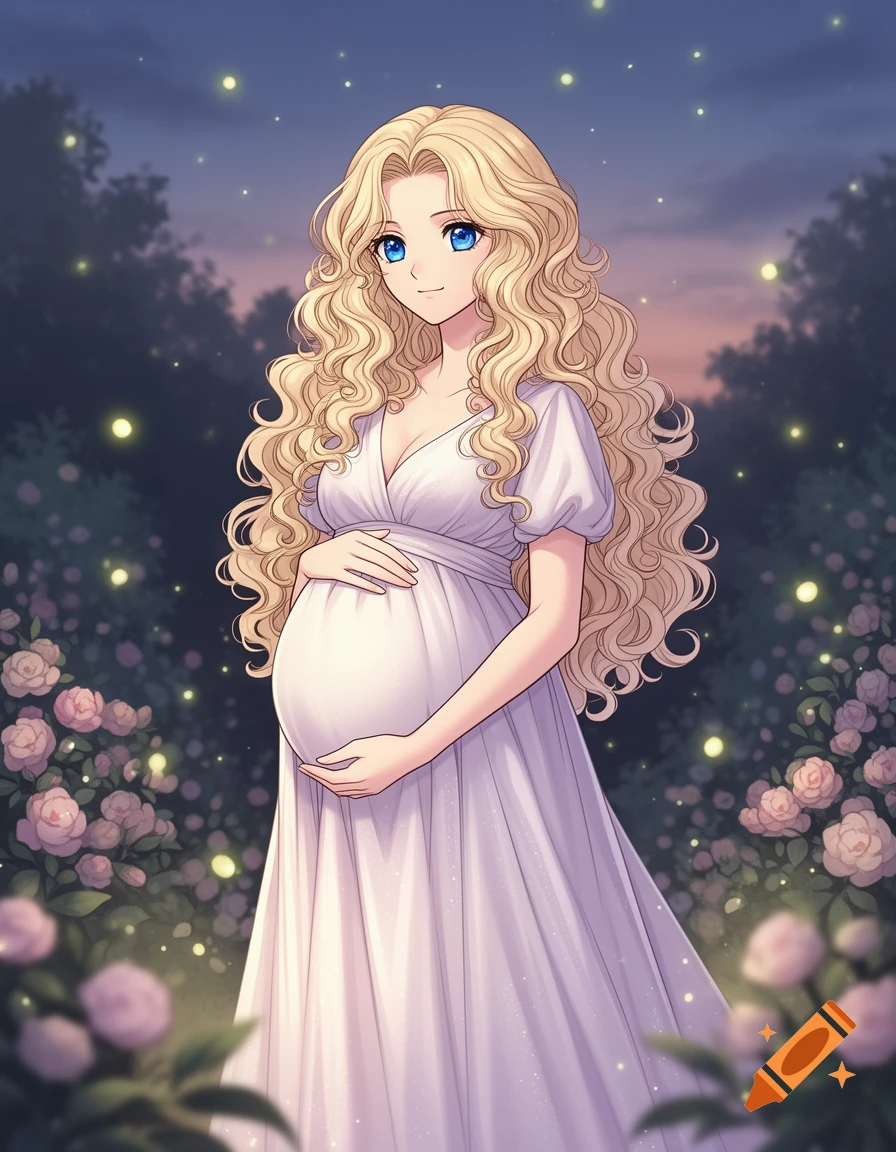 An anime pregnant woman with blonde curly hair in a white gown stands in a magical rose garden with fireflies at dusk.