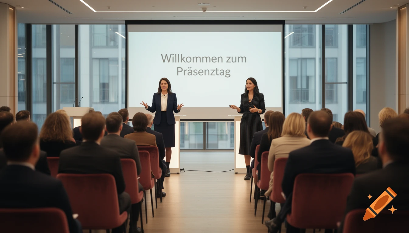 Two women present to an audience in a modern conference room, with "Willkommen zum Präsenztag" displayed on a screen.