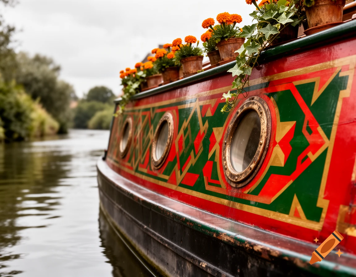 Close-up of a red canal boat with green and gold geometric patterns, portholes, and potted orange flowers on its roof, cruising on a calm river.