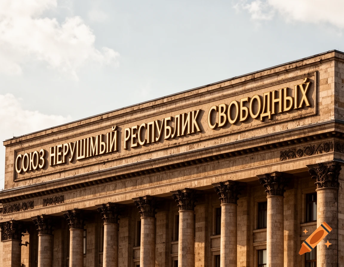 A low-angle view of a monumental stone building featuring classical columns and golden Cyrillic text on its facade under a partly cloudy sky.