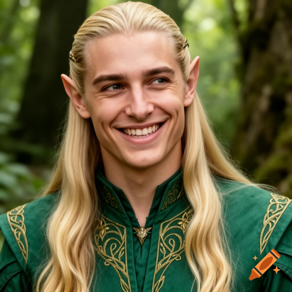 Photorealistic portrait of a smiling blonde elf with pointed ears and a green tunic in a forest.