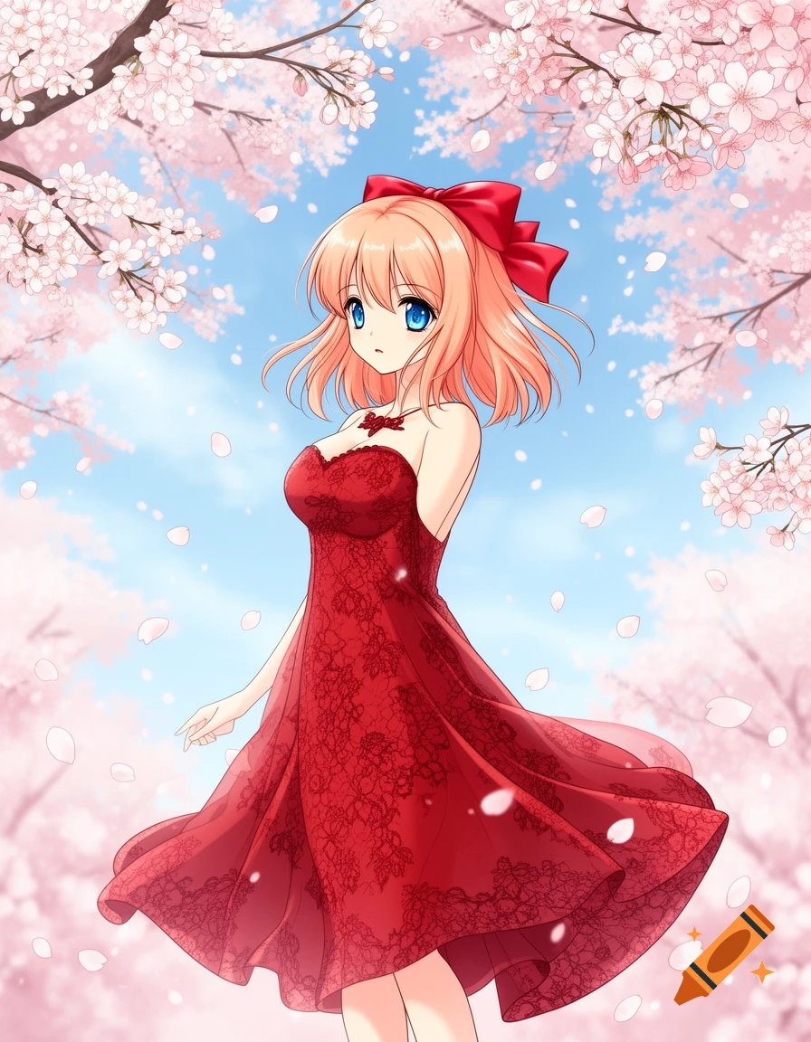 Anime girl with peach hair, blue eyes, and a red bow, wearing a red lace dress, under cherry blossoms with falling petals.