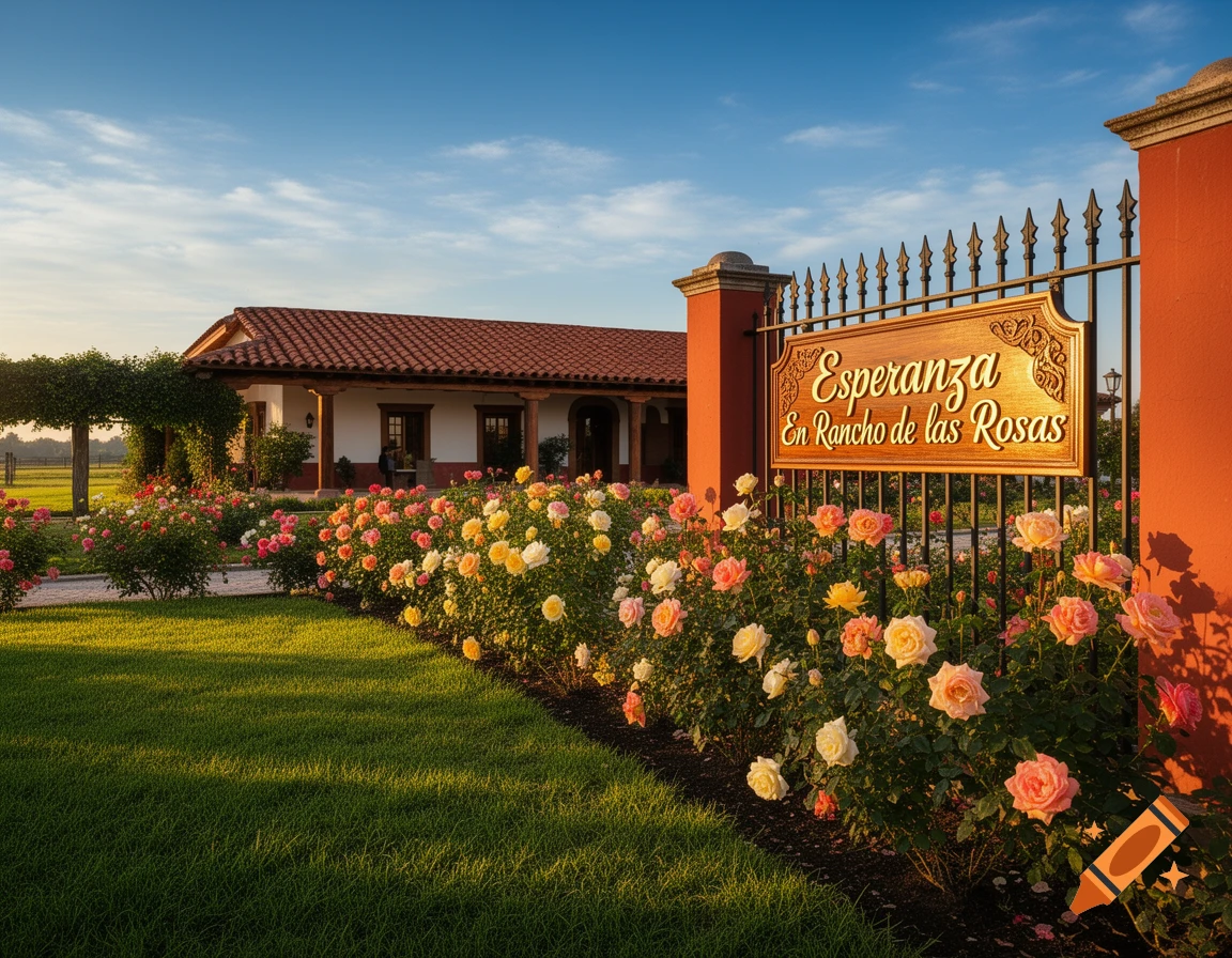 A Spanish-style building with a red tiled roof, surrounded by a vibrant rose garden and a sign reading "Esperanza En Rancho de las Rosas".