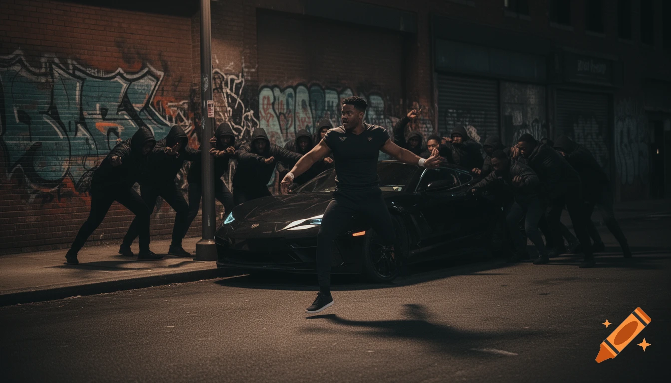 A man resembling Jalen Hurts fights off hooded car thieves by a black car on a graffiti-covered urban street at night.