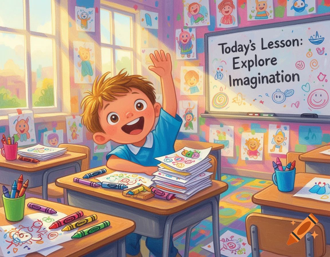 A happy cartoon boy raises his hand in a vibrant classroom filled with drawings. A whiteboard reads 'Today's Lesson: Explore Imagination'.