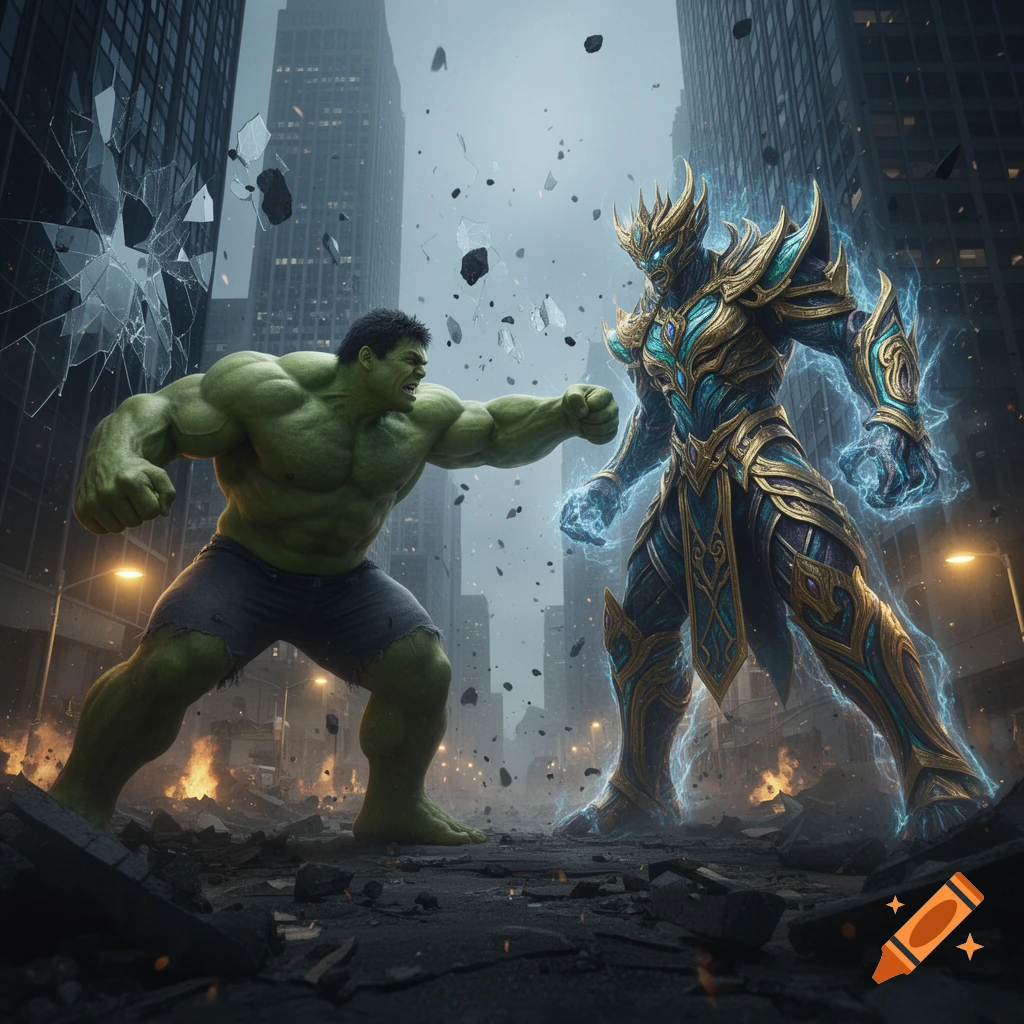 The Hulk prepares to punch a glowing, armored figure with spiky features on a debris-filled city street with shattered glass and buildings.