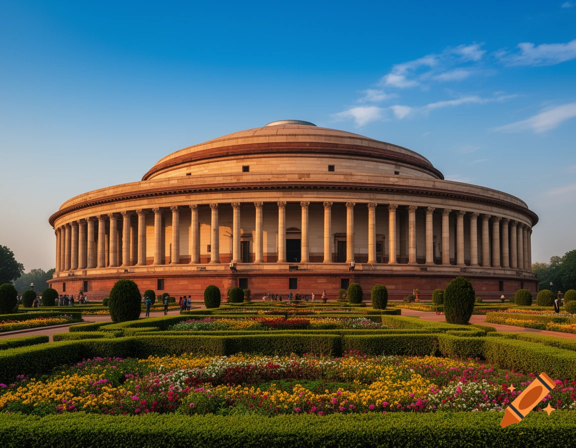 A majestic circular building with a domed roof and many columns, surrounded by vibrant gardens under a blue sky.