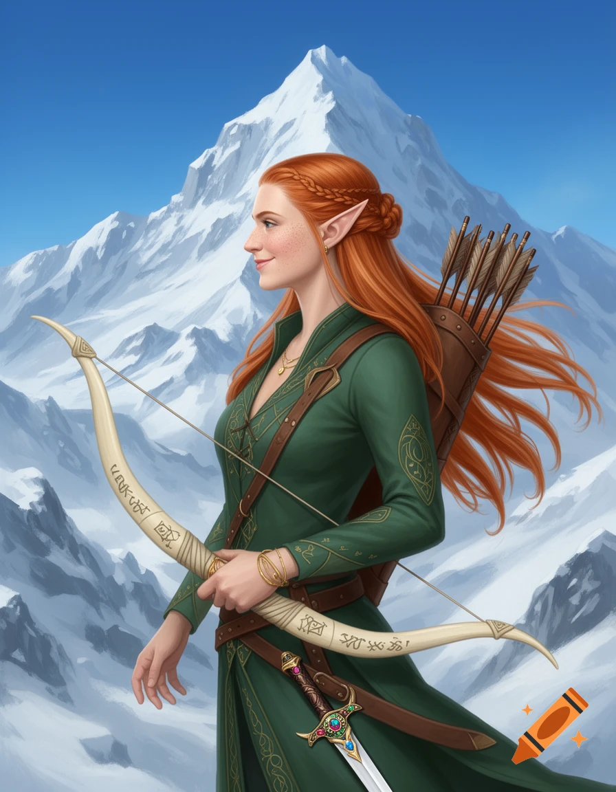 A red-haired elf archer in a green tunic, holding a bow with elven symbols, stands before snow-capped mountains under a clear blue sky.