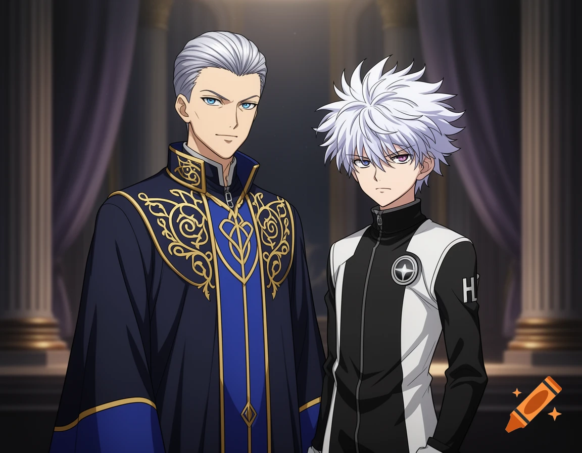 Two anime characters stand side-by-side. The elder has silver hair and wears an ornate blue and gold robe. The younger has spiky white hair and wears a black and white track jacket.