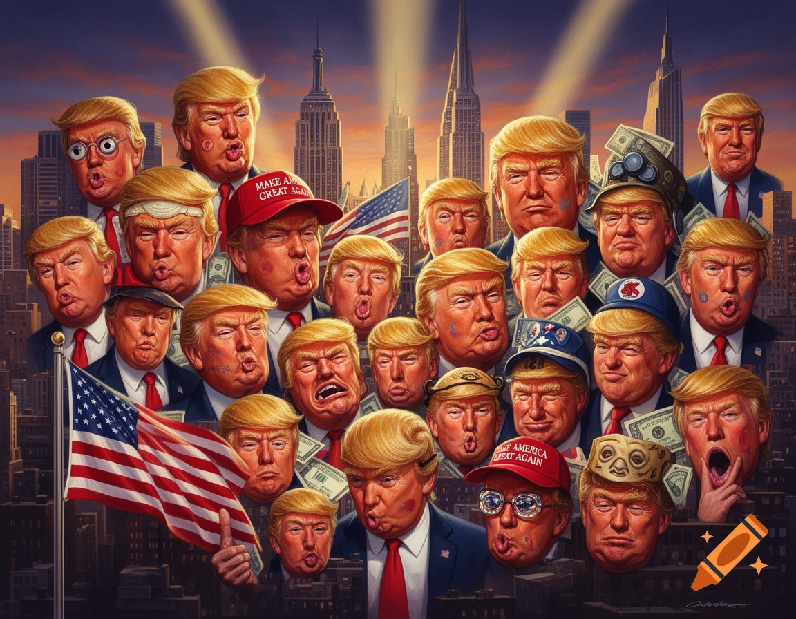A vibrant collage of exaggerated, caricatured Donald Trump faces with various expressions, some wearing 'Make America Great Again' hats, against a city skyline.