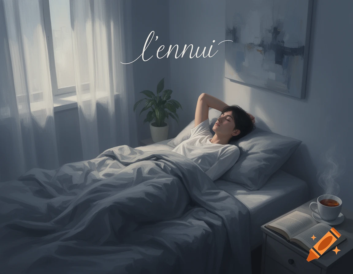 A person rests in bed with eyes closed in a painterly bedroom scene with the word 'l'ennui' above them.
