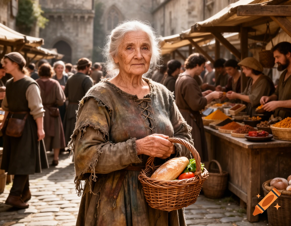 Photorealistic portrait of an old woman in ragged medieval clothes, holding a food basket in a bustling market.