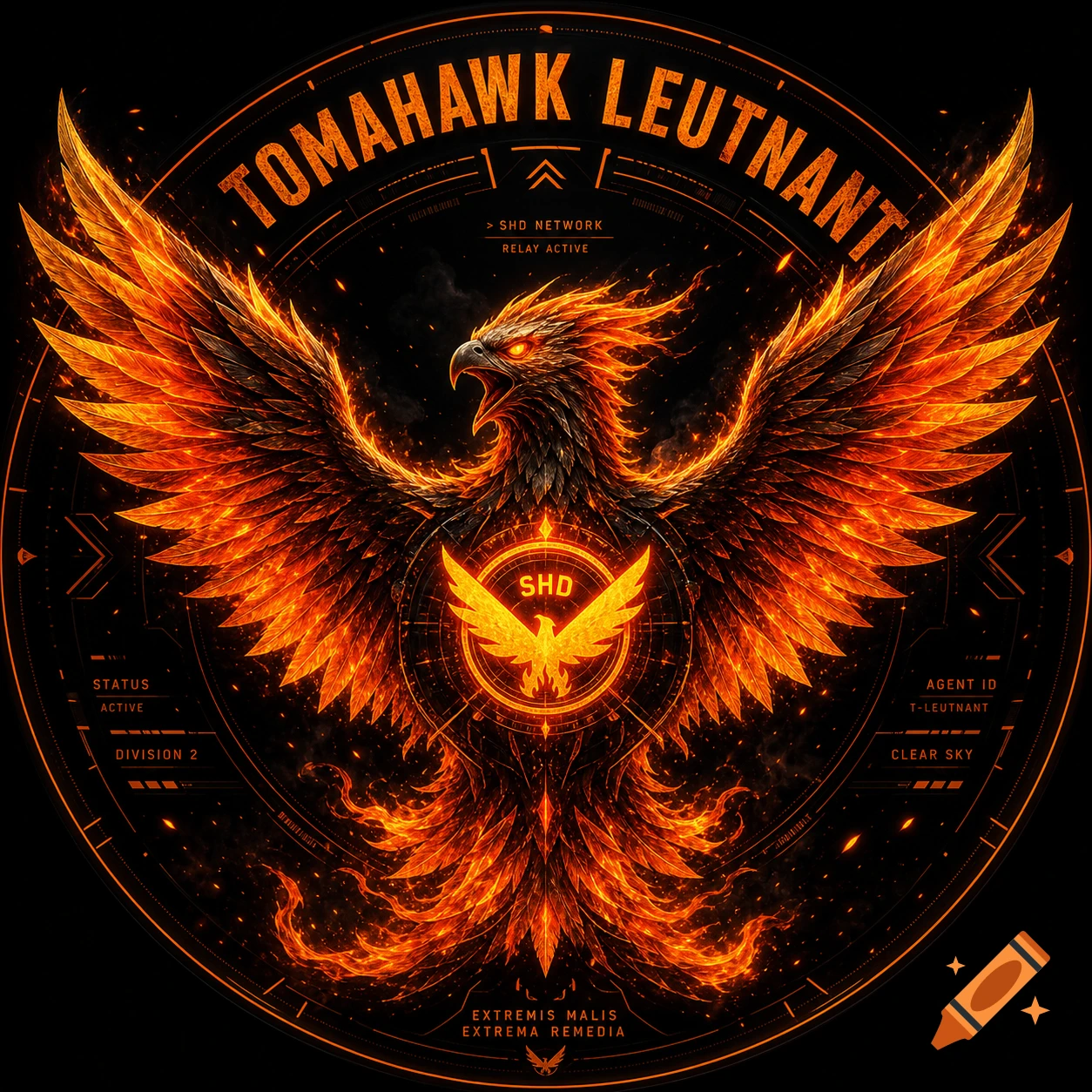 A circular fiery phoenix logo with orange glowing wings, 'TOMAHAWK LEUTNANT' text, and tactical HUD elements on a black background.