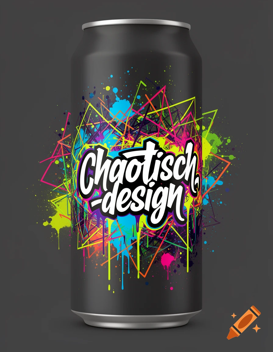A black energy drink can featuring a vibrant neon paint splatter and geometric line design with 'Chaotisch-design' in graffiti style text.