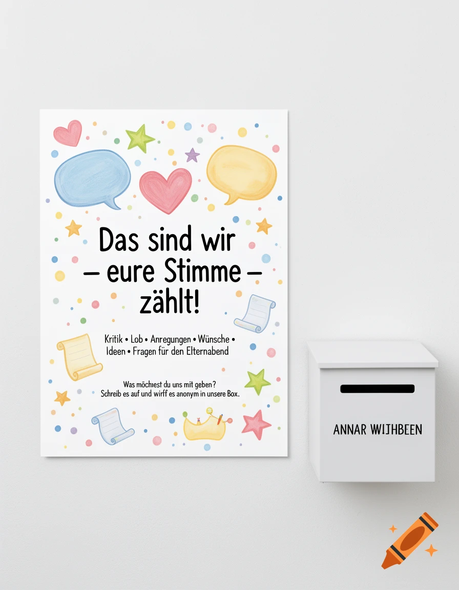 A colorful sign for a kindergarten feedback project, featuring hearts, speech bubbles, stars, and colorful dots. Text in German reads "Das sind wir – eure Stimme zählt!" next to a white mailbox labeled "ANNAR WIJHBEEN".